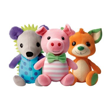 Collection of colorful sitting animal plush friends